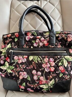 Vera Bradley Black Quilted Tote with Pink & Green Floral Print